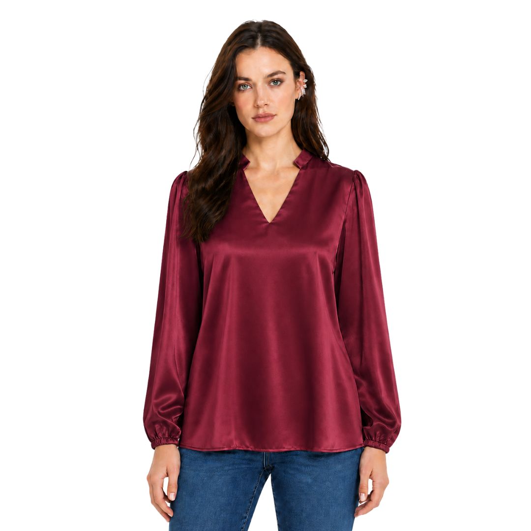 Artyska Women's Satin V-Neck Blouse with Long Puff Sleeves