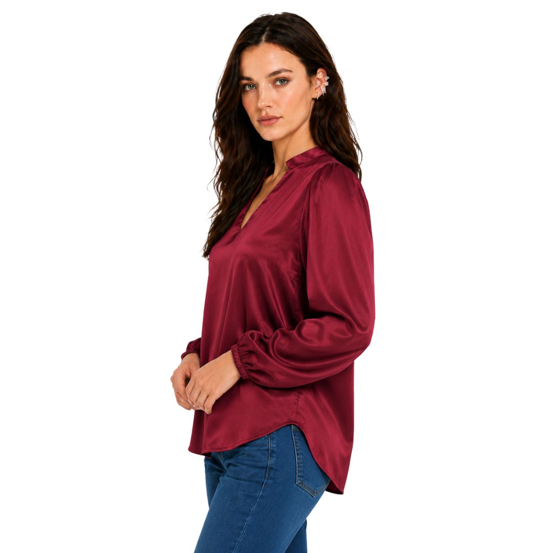 Artyska Women's Satin V-Neck Blouse with Long Puff Sleeves