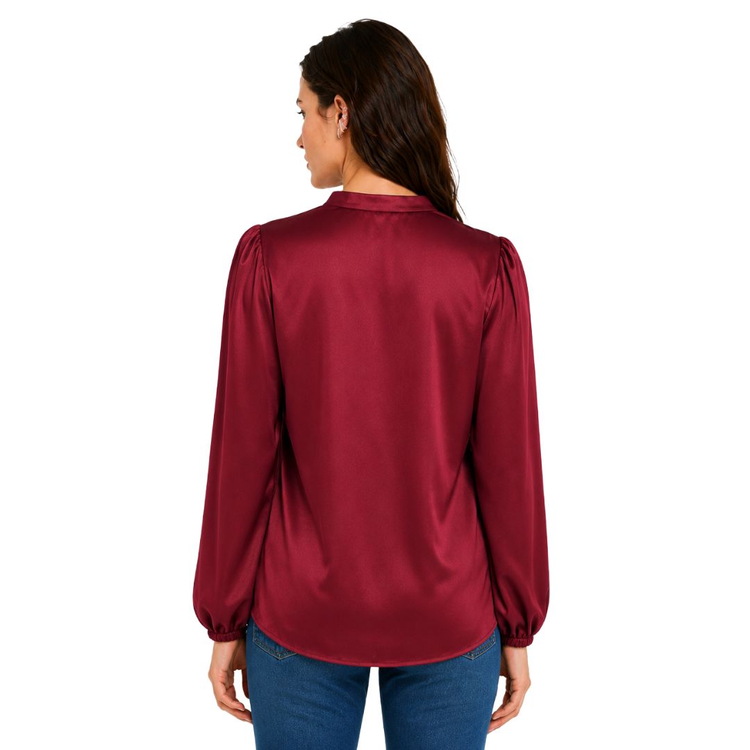 Artyska Women's Satin V-Neck Blouse with Long Puff Sleeves