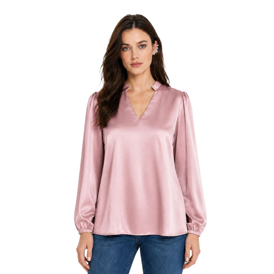 Artyska Women's Satin V-Neck Blouse with Long Puff Sleeves