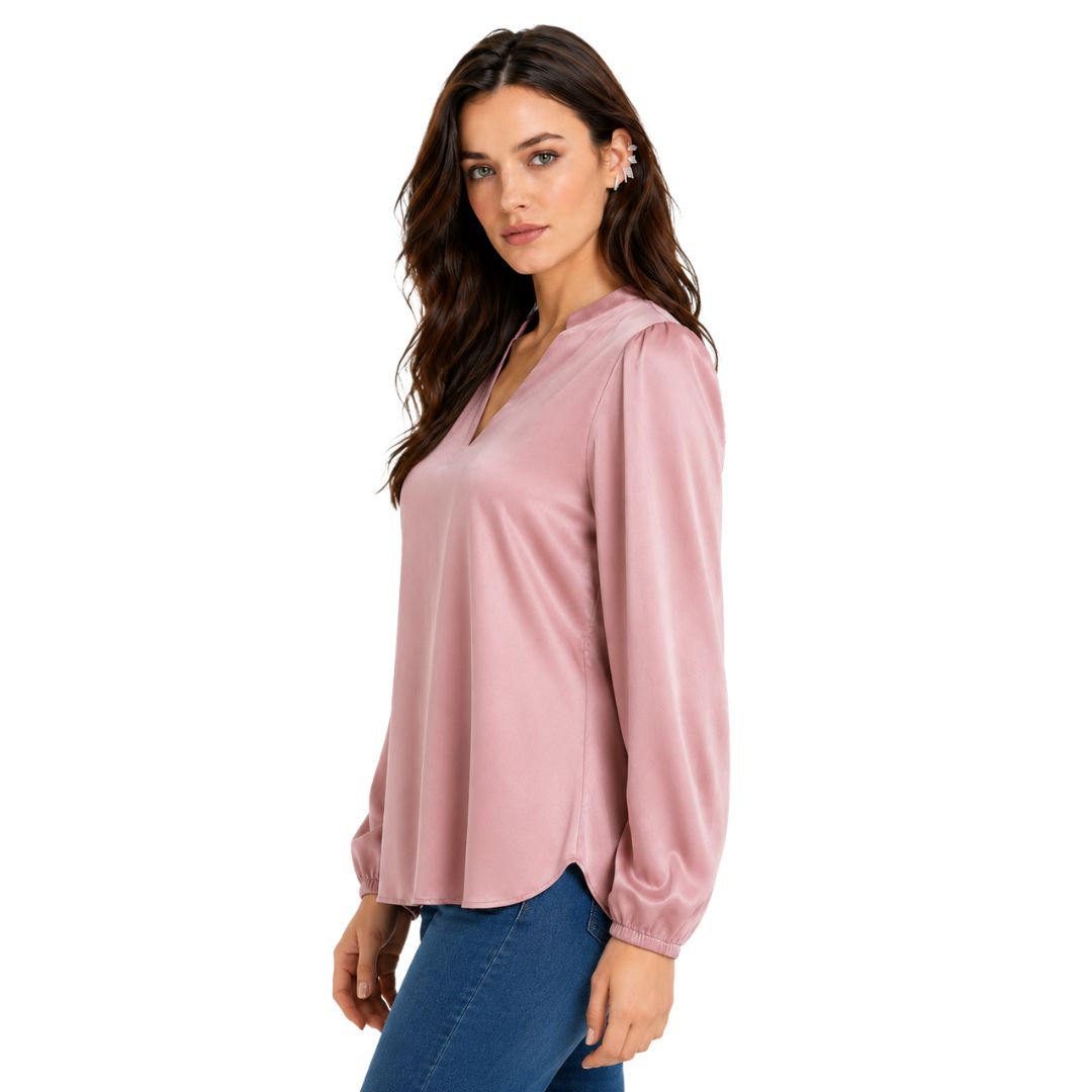 Artyska Women's Satin V-Neck Blouse with Long Puff Sleeves