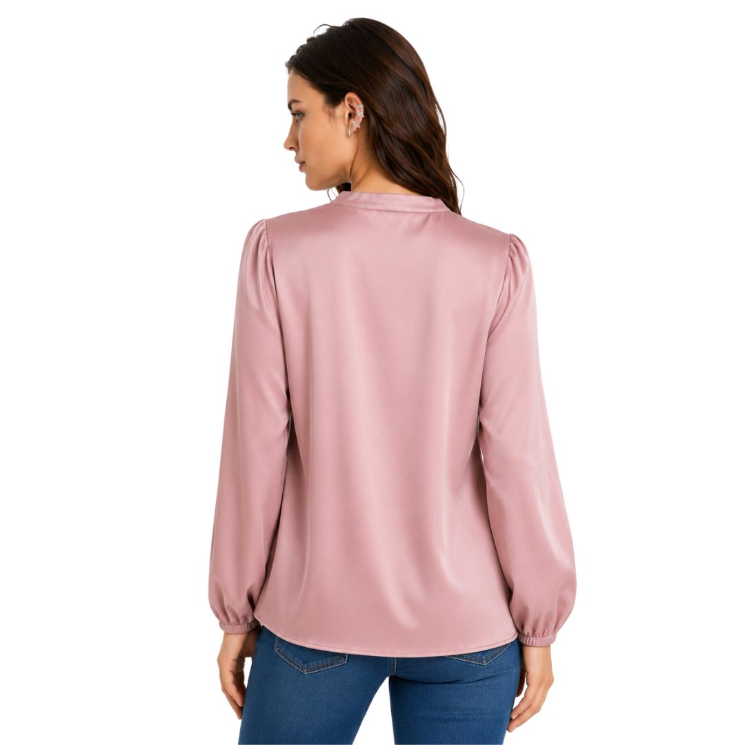 Artyska Women's Satin V-Neck Blouse with Long Puff Sleeves