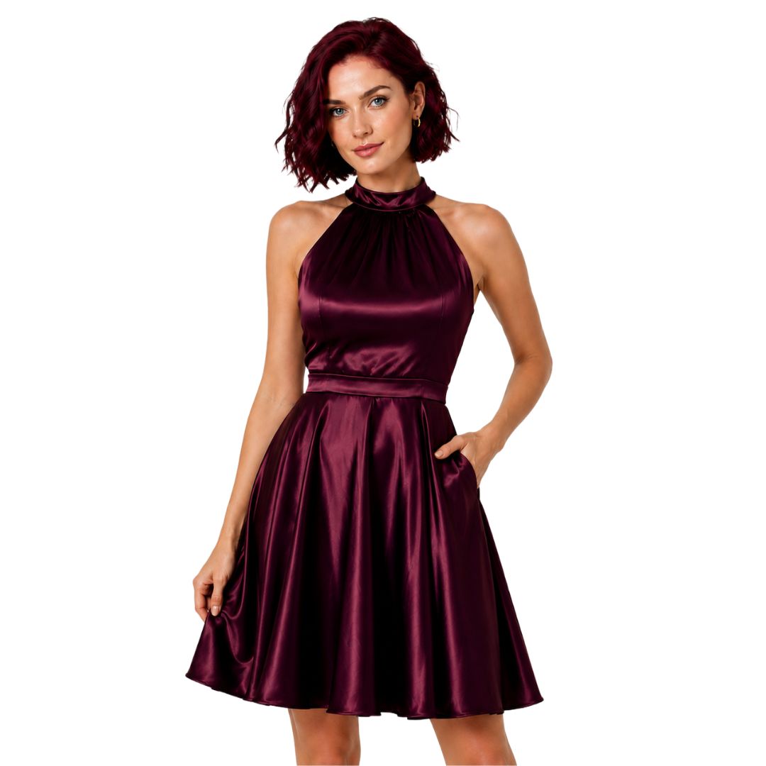 Artyska Women’s Satin Halter Neck Fit-and-Flare Midi Dress with Pockets