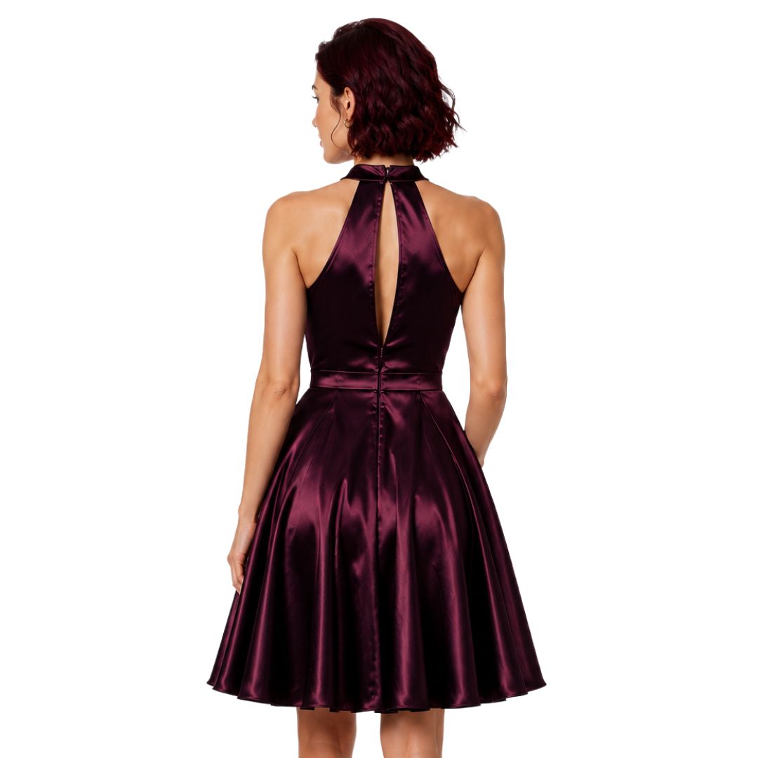 Artyska Women’s Satin Halter Neck Fit-and-Flare Midi Dress with Pockets