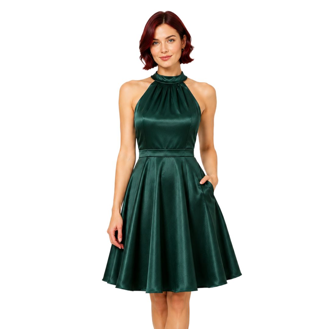 Artyska Women’s Satin Halter Neck Fit-and-Flare Midi Dress with Pockets