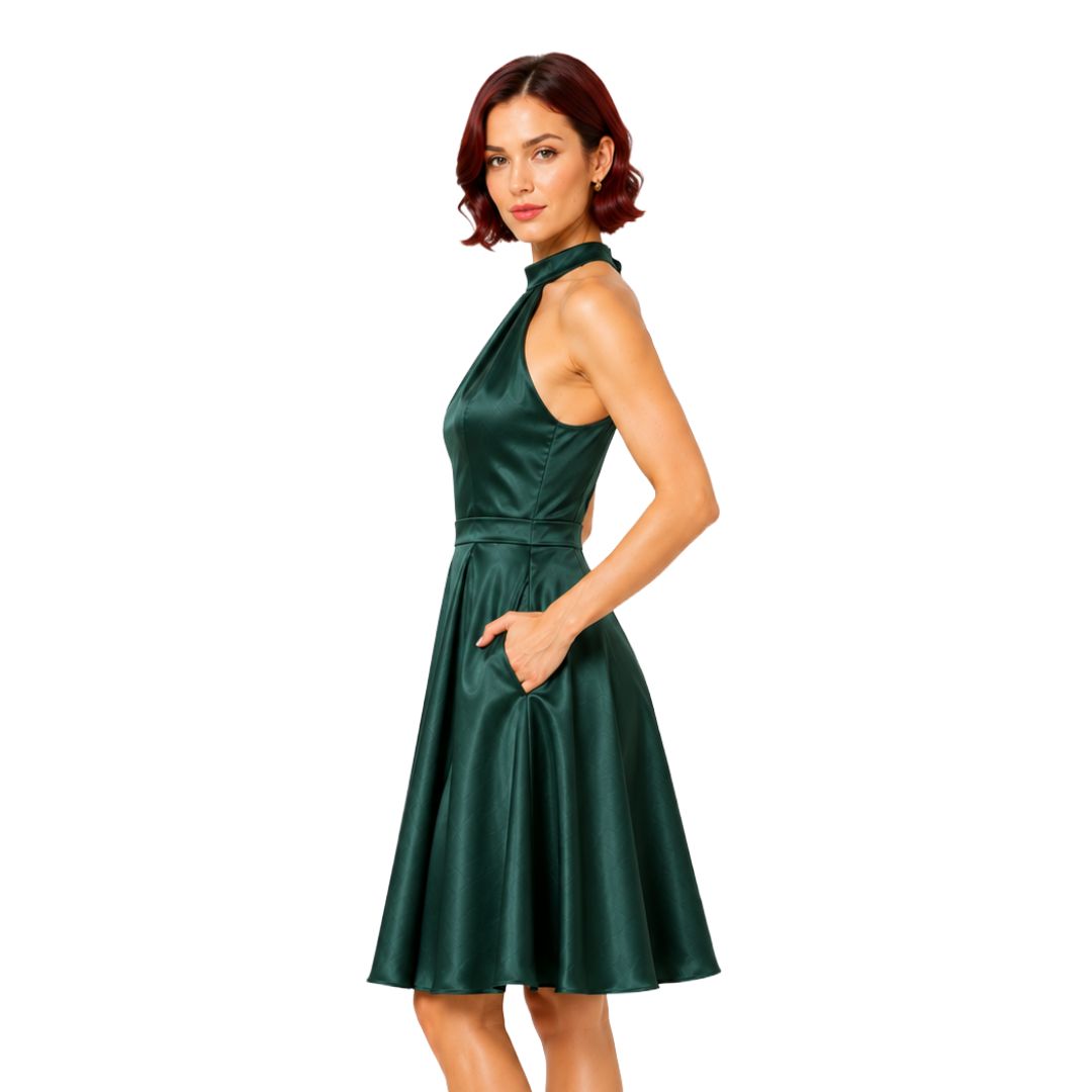Artyska Women’s Satin Halter Neck Fit-and-Flare Midi Dress with Pockets
