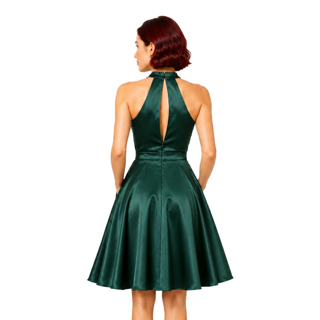 Artyska Women’s Satin Halter Neck Fit-and-Flare Midi Dress with Pockets