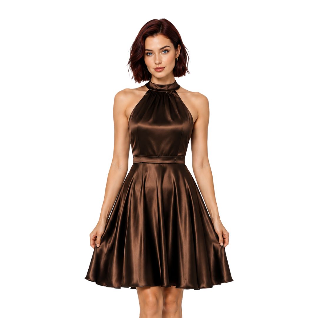 Artyska Women’s Satin Halter Neck Fit-and-Flare Midi Dress with Pockets