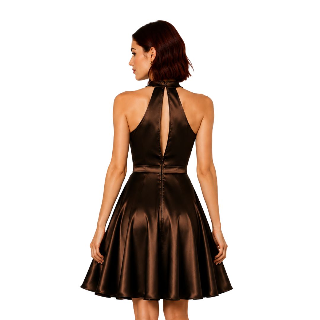 Artyska Women’s Satin Halter Neck Fit-and-Flare Midi Dress with Pockets