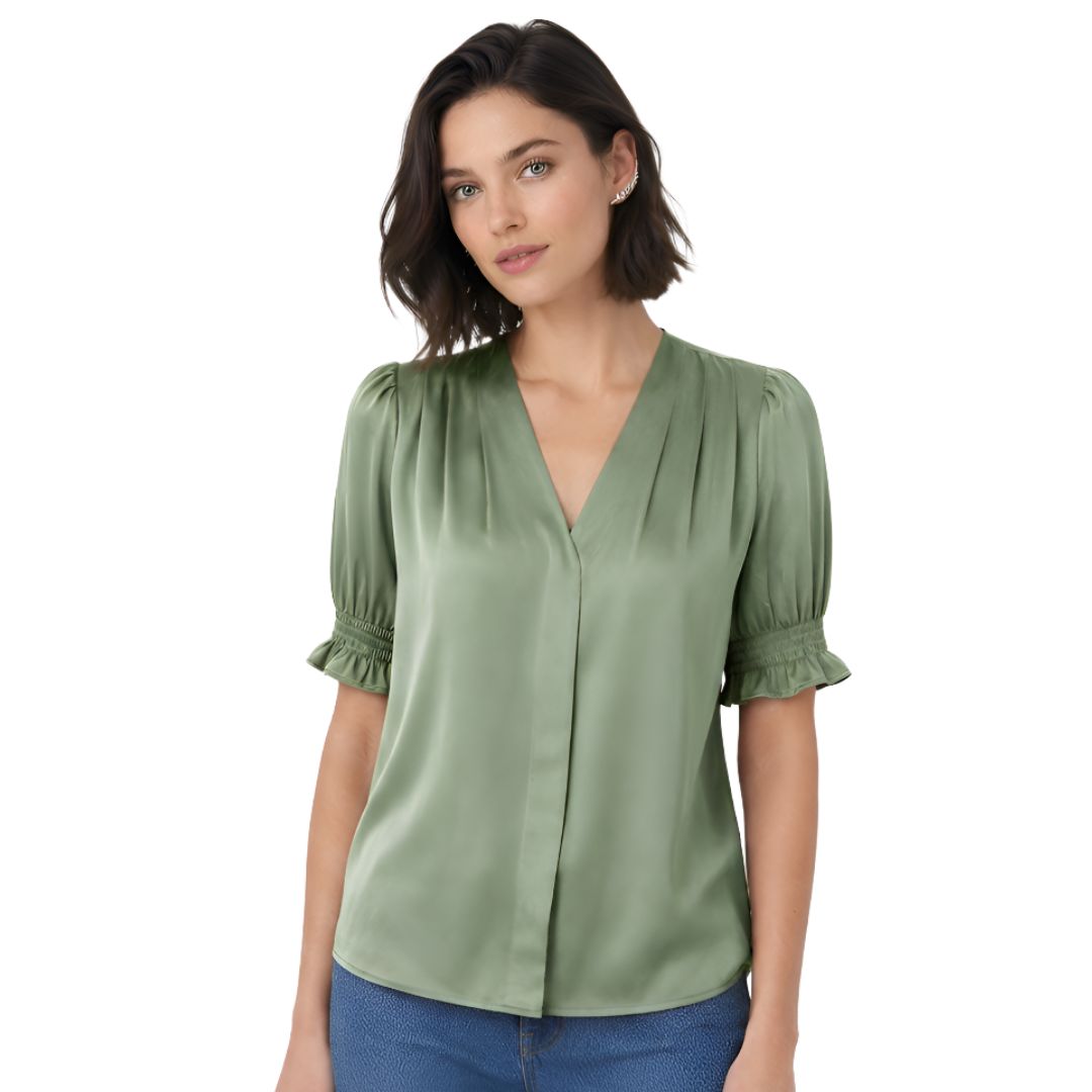 Artyska Satin Puff Sleeve V-Neck Blouse