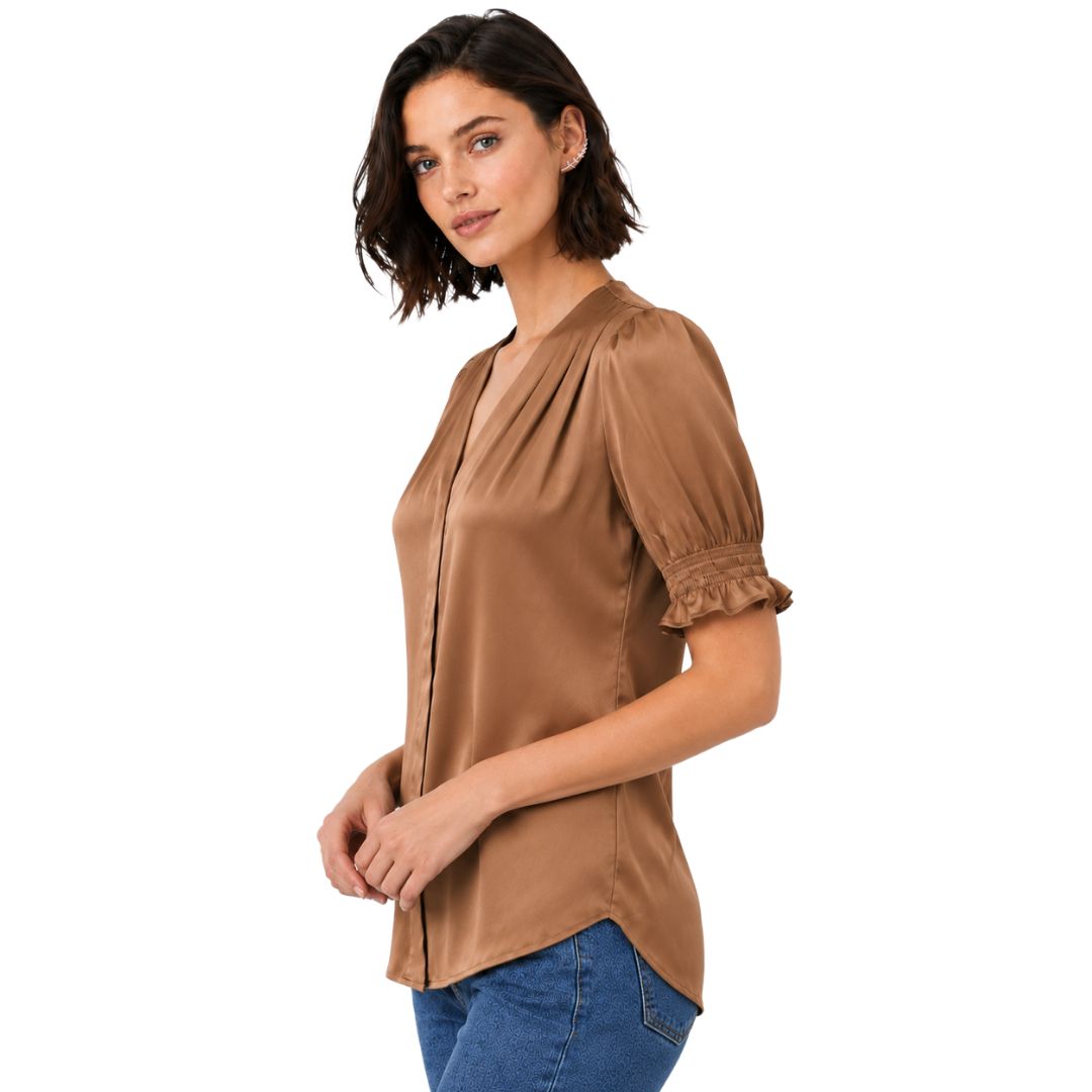 Artyska Satin Puff Sleeve V-Neck Blouse