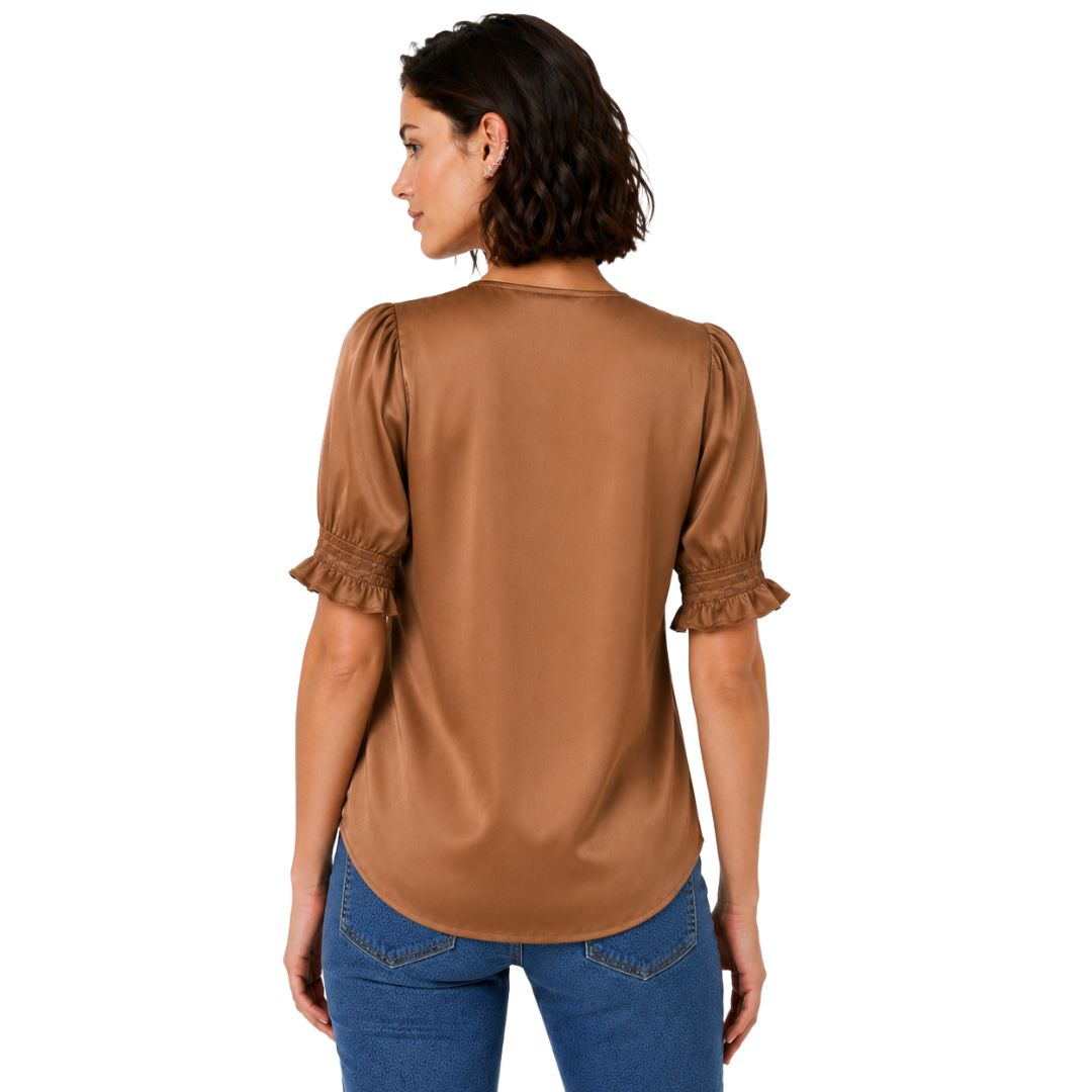 Artyska Satin Puff Sleeve V-Neck Blouse