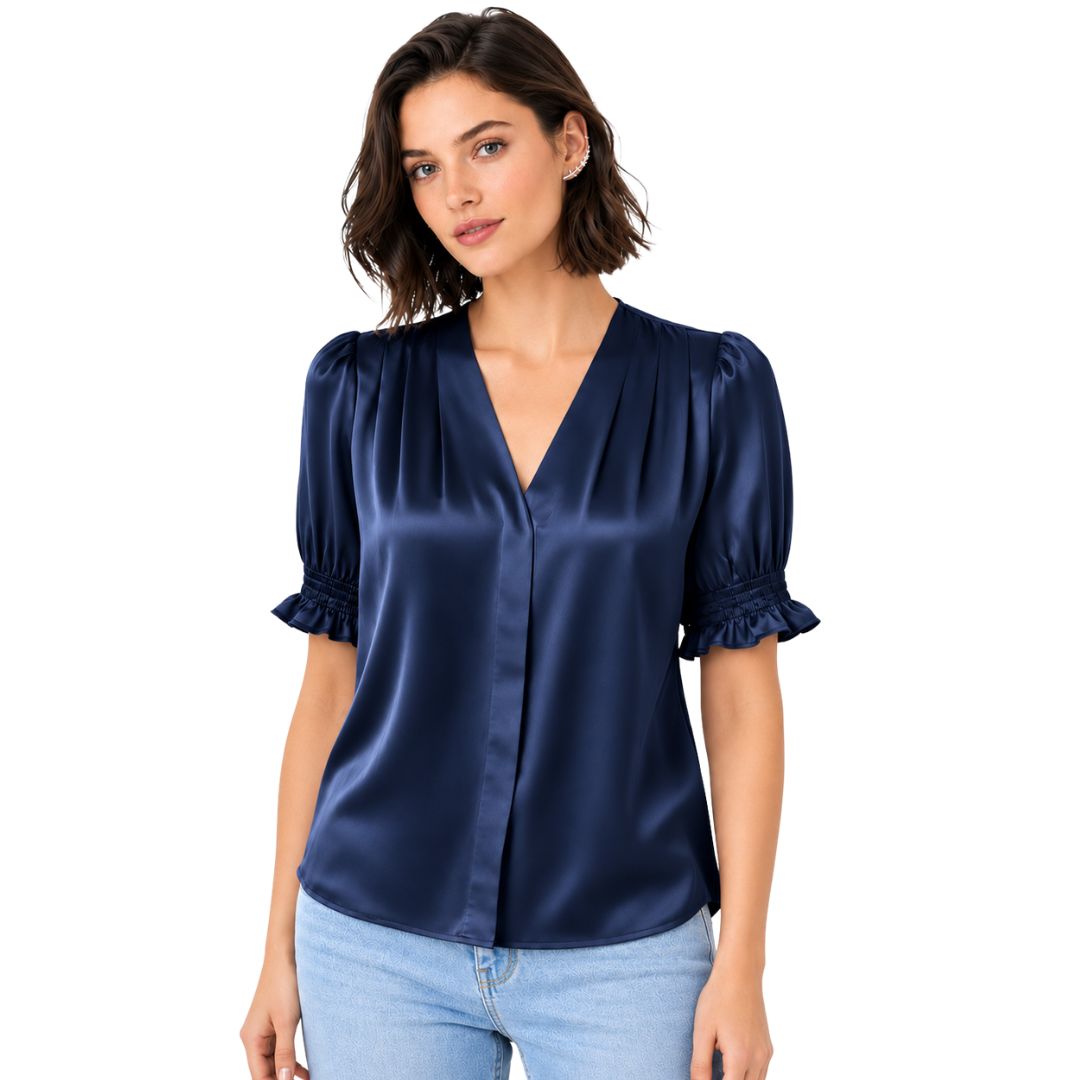Artyska Satin Puff Sleeve V-Neck Blouse