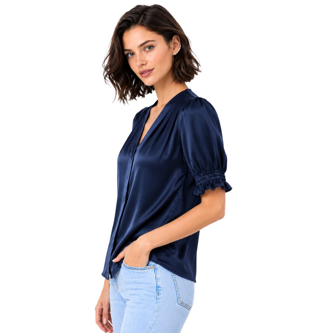 Artyska Satin Puff Sleeve V-Neck Blouse