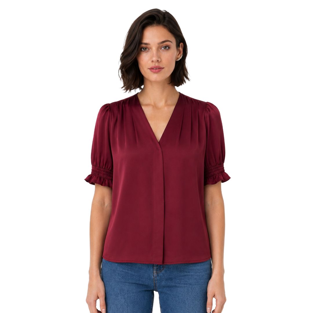 Artyska Satin Puff Sleeve V-Neck Blouse