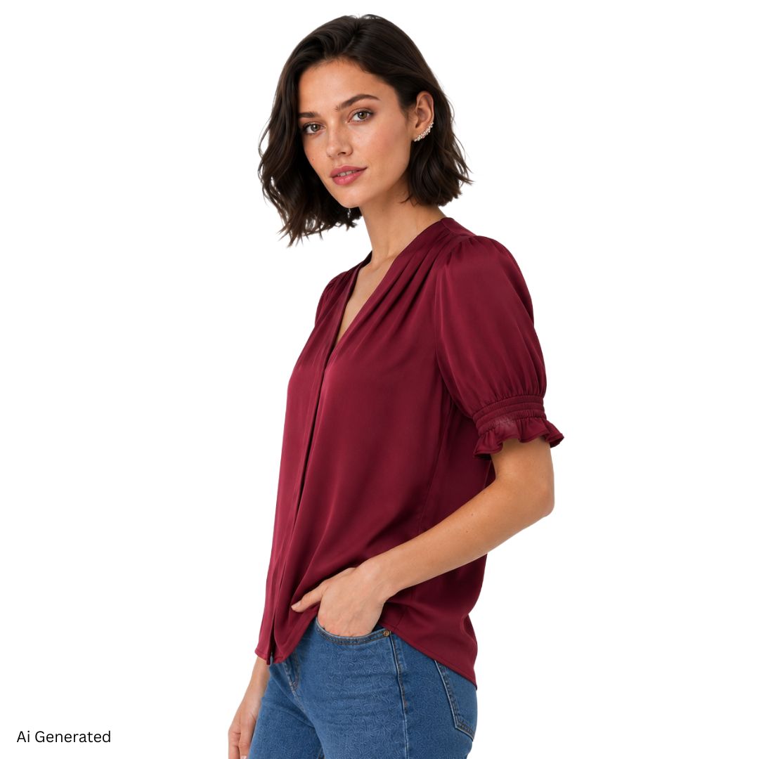Artyska Satin Puff Sleeve V-Neck Blouse