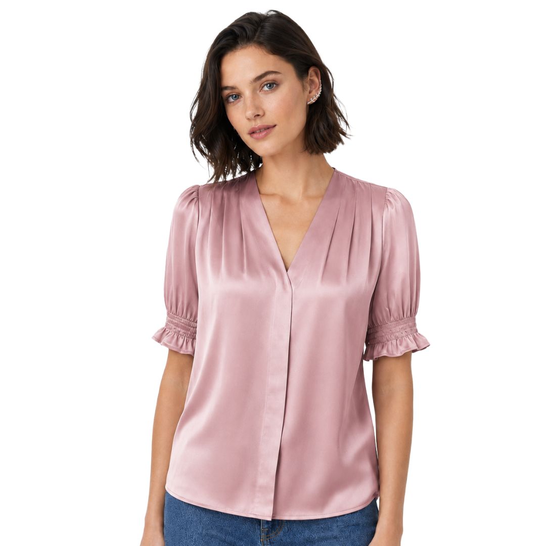 Artyska Satin Puff Sleeve V-Neck Blouse