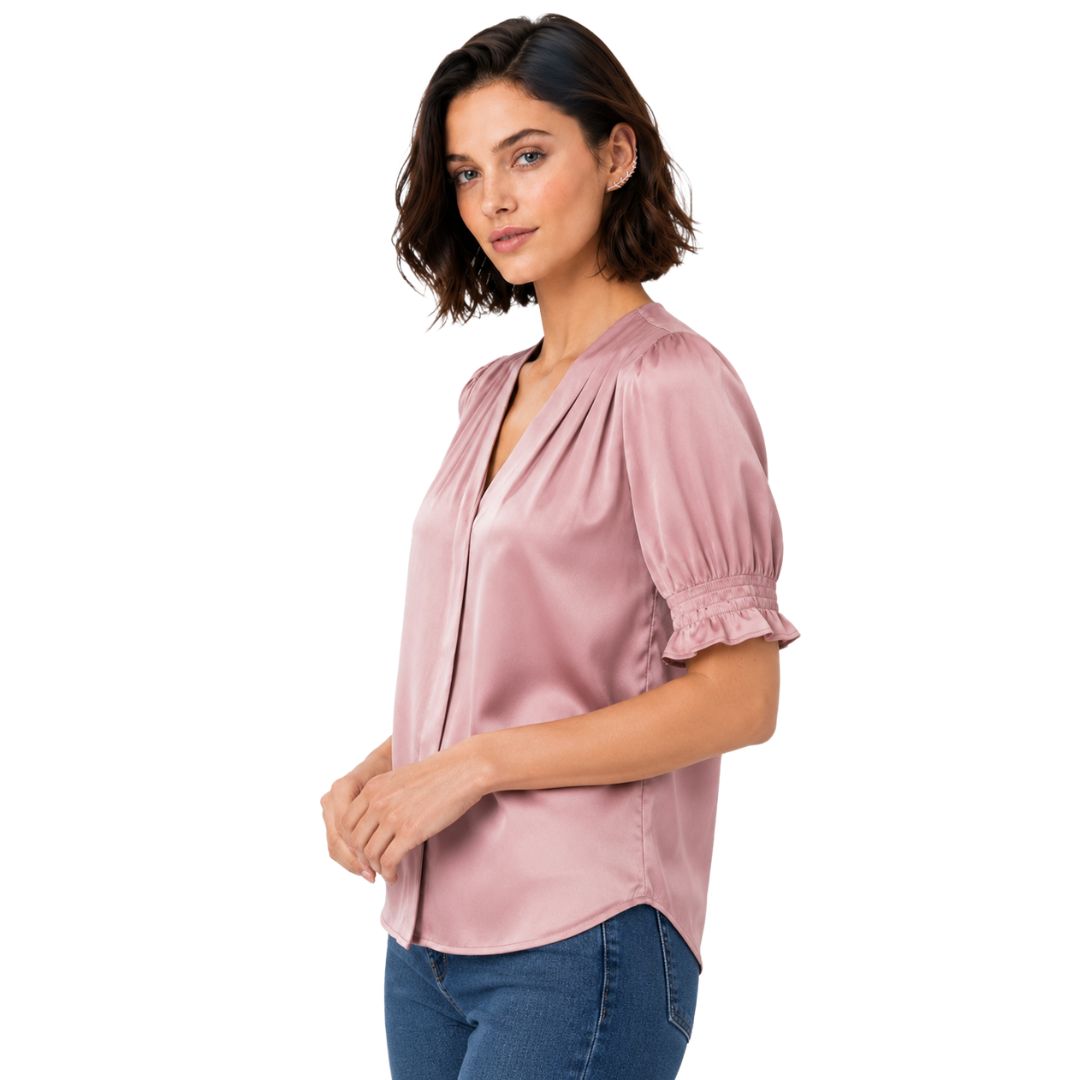 Artyska Satin Puff Sleeve V-Neck Blouse