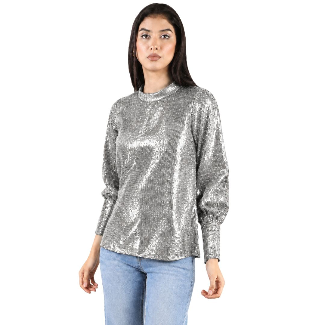 Artyska Women's Sequin Long Sleeve Crew Neck Pullover Top