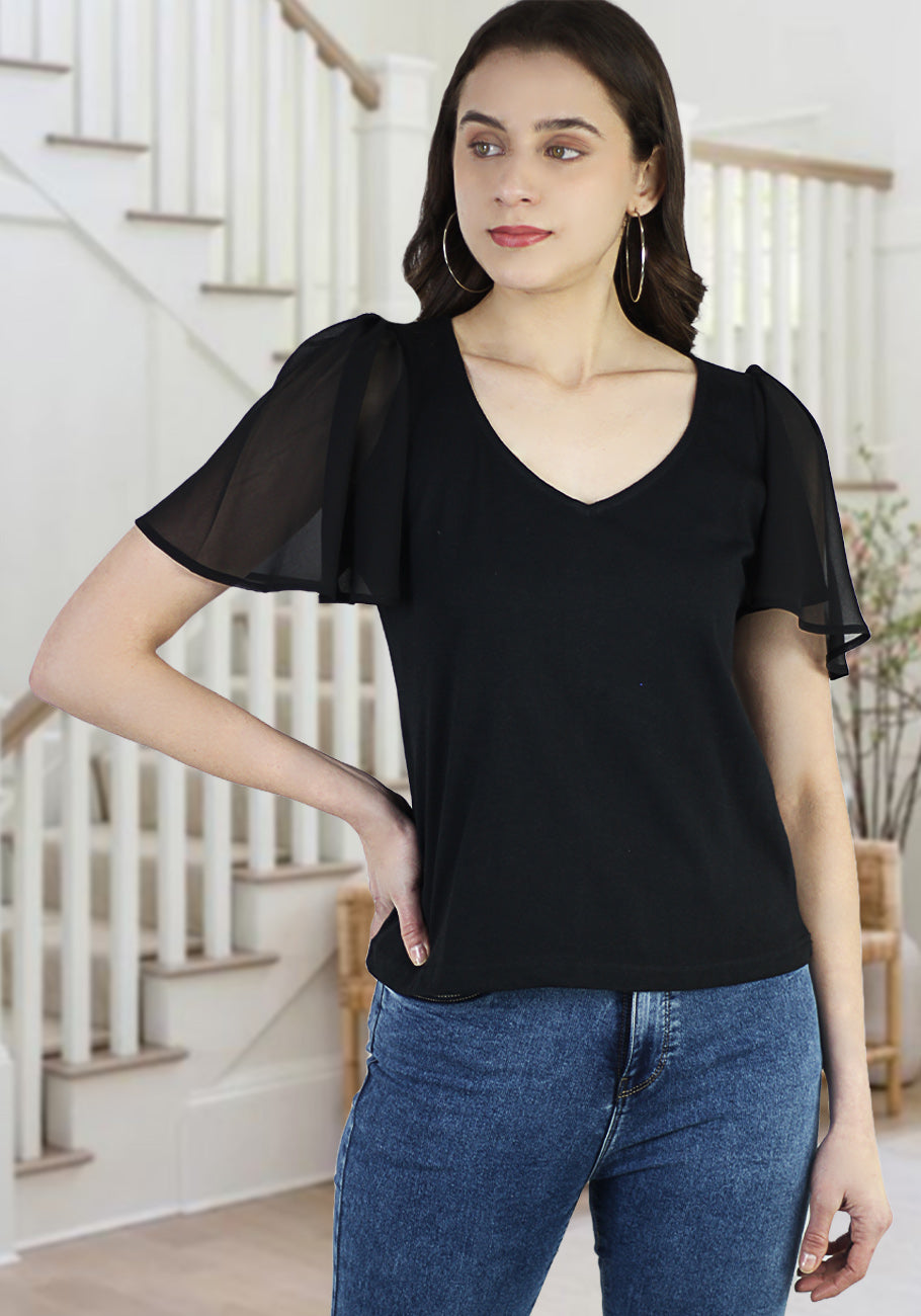 Women's Summer Casual V-Neck Flutter Sleeve T-Shirts