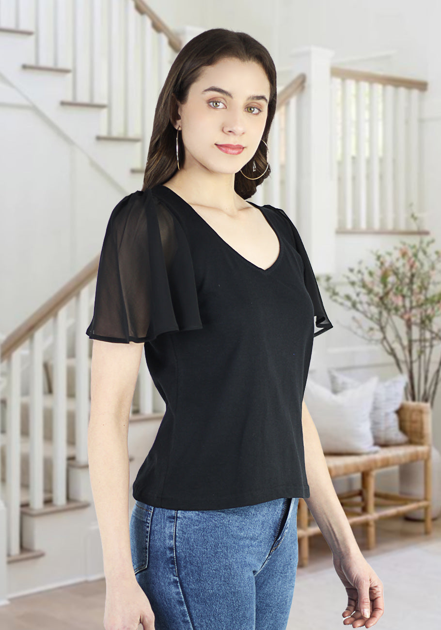 Women's Summer Casual V-Neck Flutter Sleeve T-Shirts