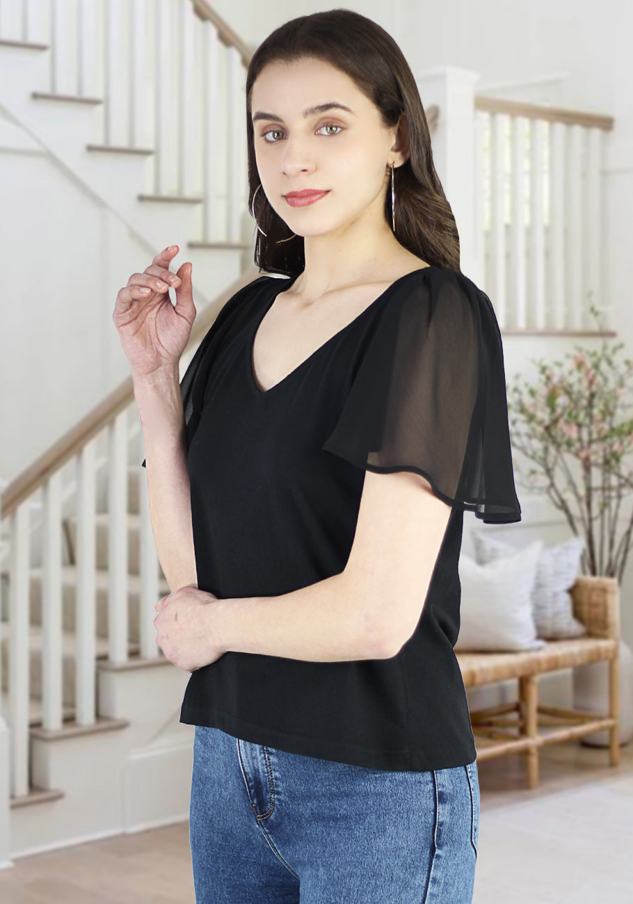 Women's Summer Casual V-Neck Flutter Sleeve T-Shirts