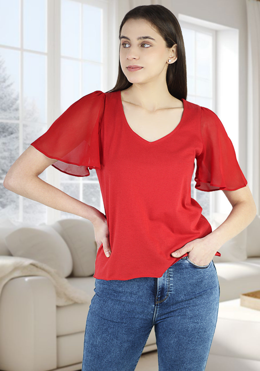 Women's Summer Casual V-Neck Flutter Sleeve T-Shirts