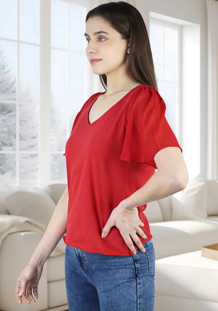 Women's Summer Casual V-Neck Flutter Sleeve T-Shirts