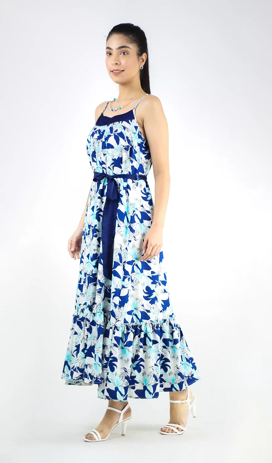 Printed Floral Calf Length Blue Dress
