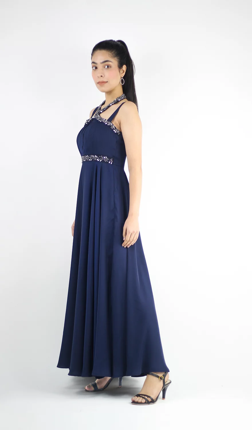 Blue Satin Floor Length Handcrafted Dress