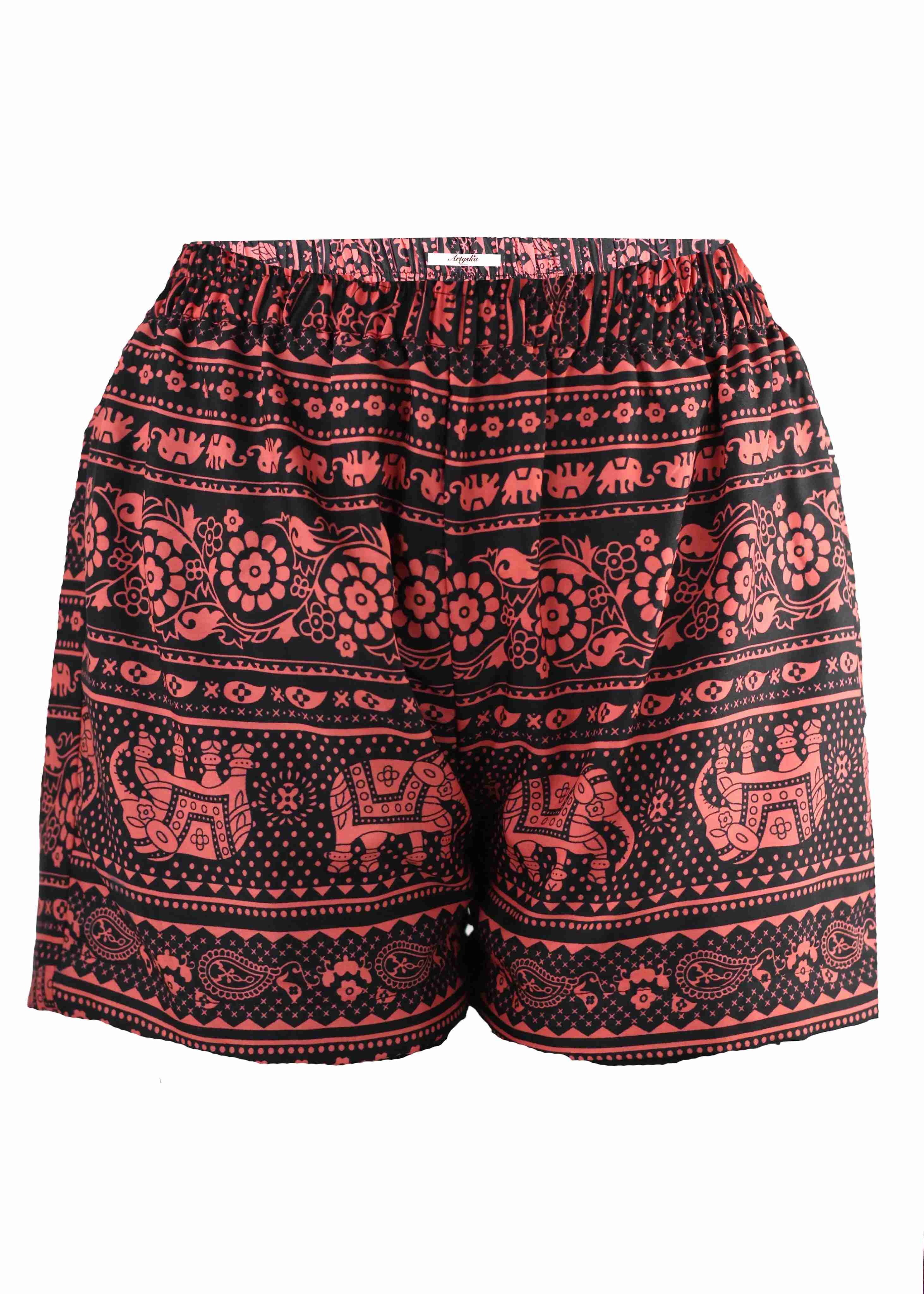 Elephant Print Maroon Shorts For Summer