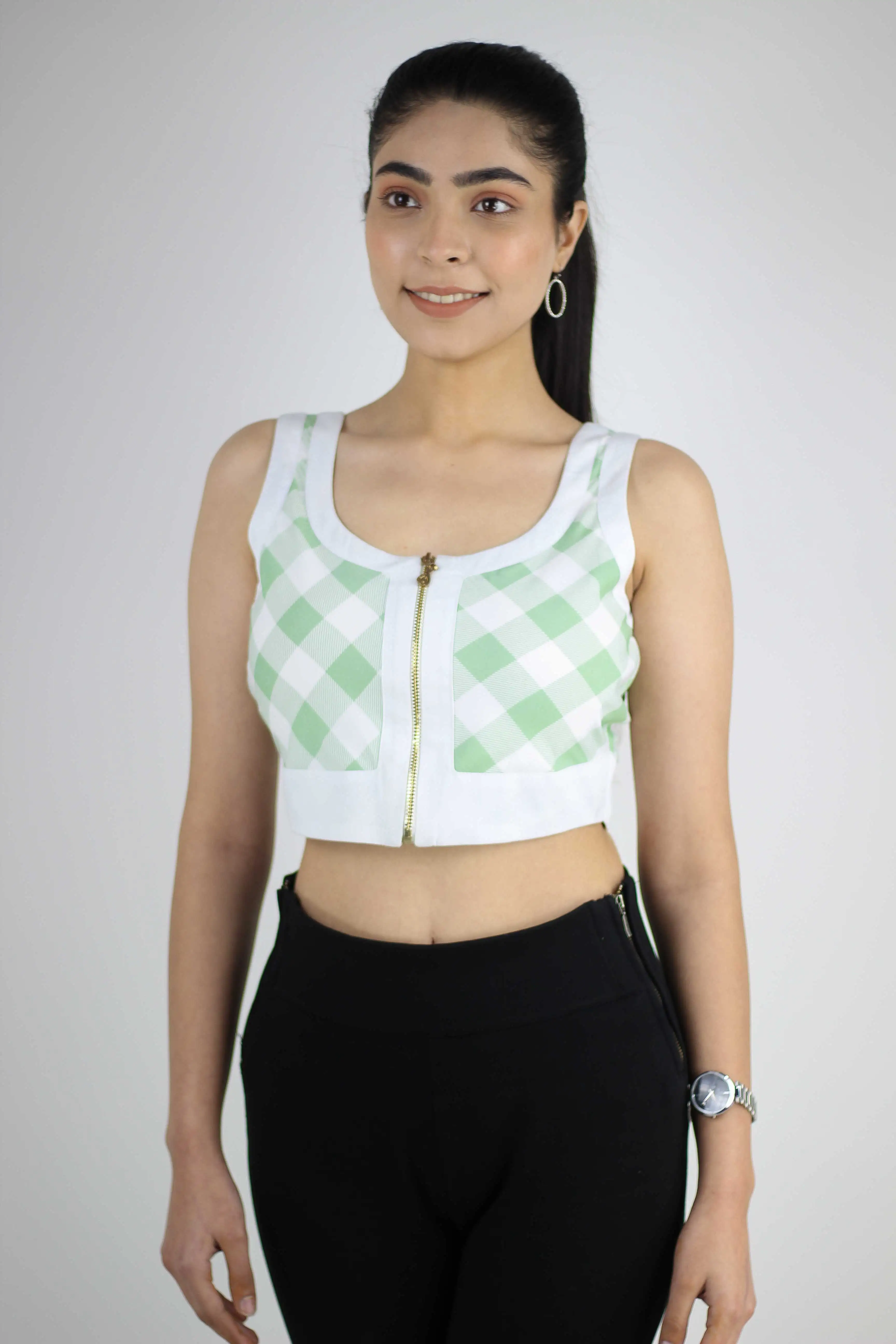 Green Checked Crop Top