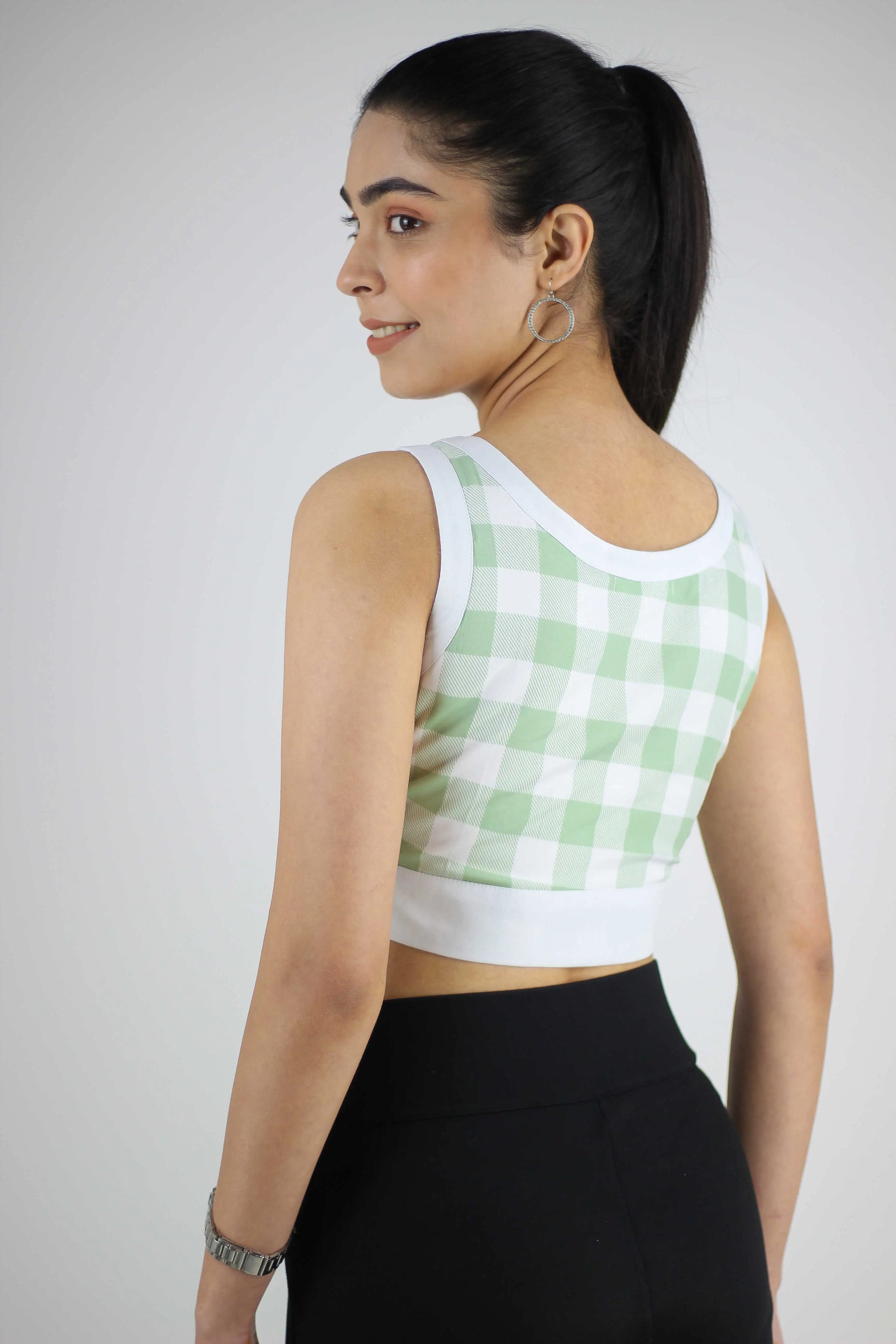 Green Checked Crop Top