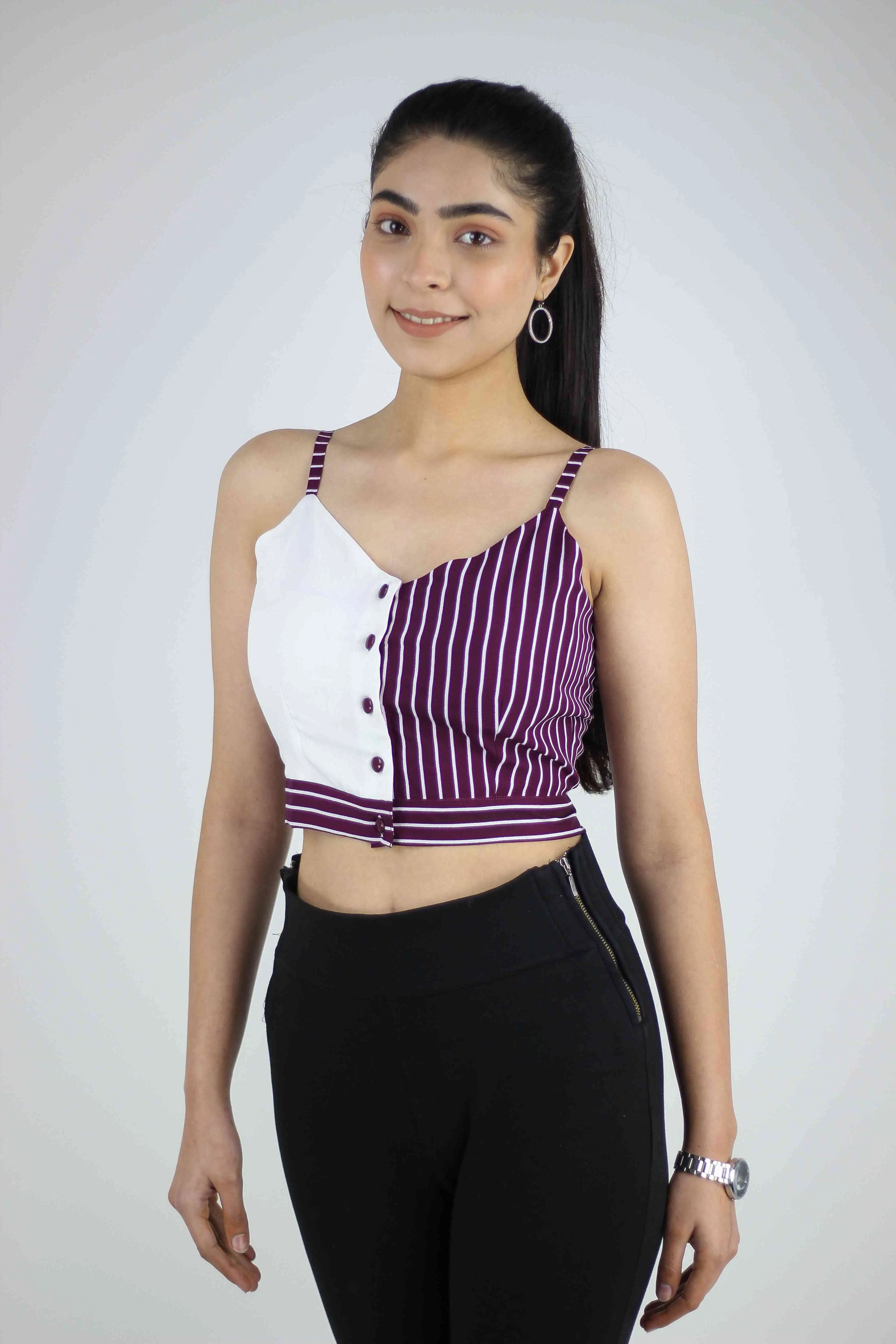 Solid Stripe Top With Button