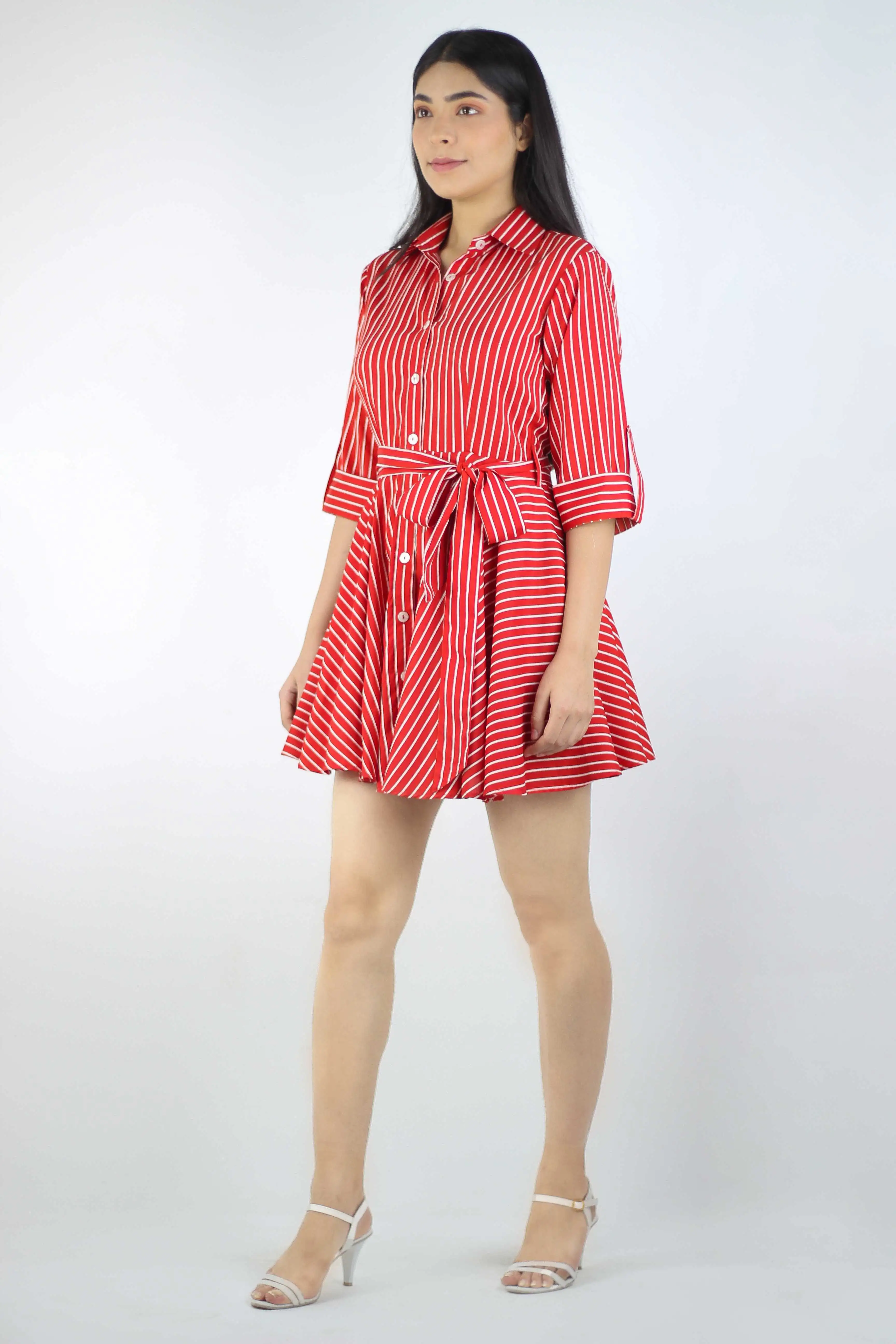 Red Stripped Shirt Short Dress