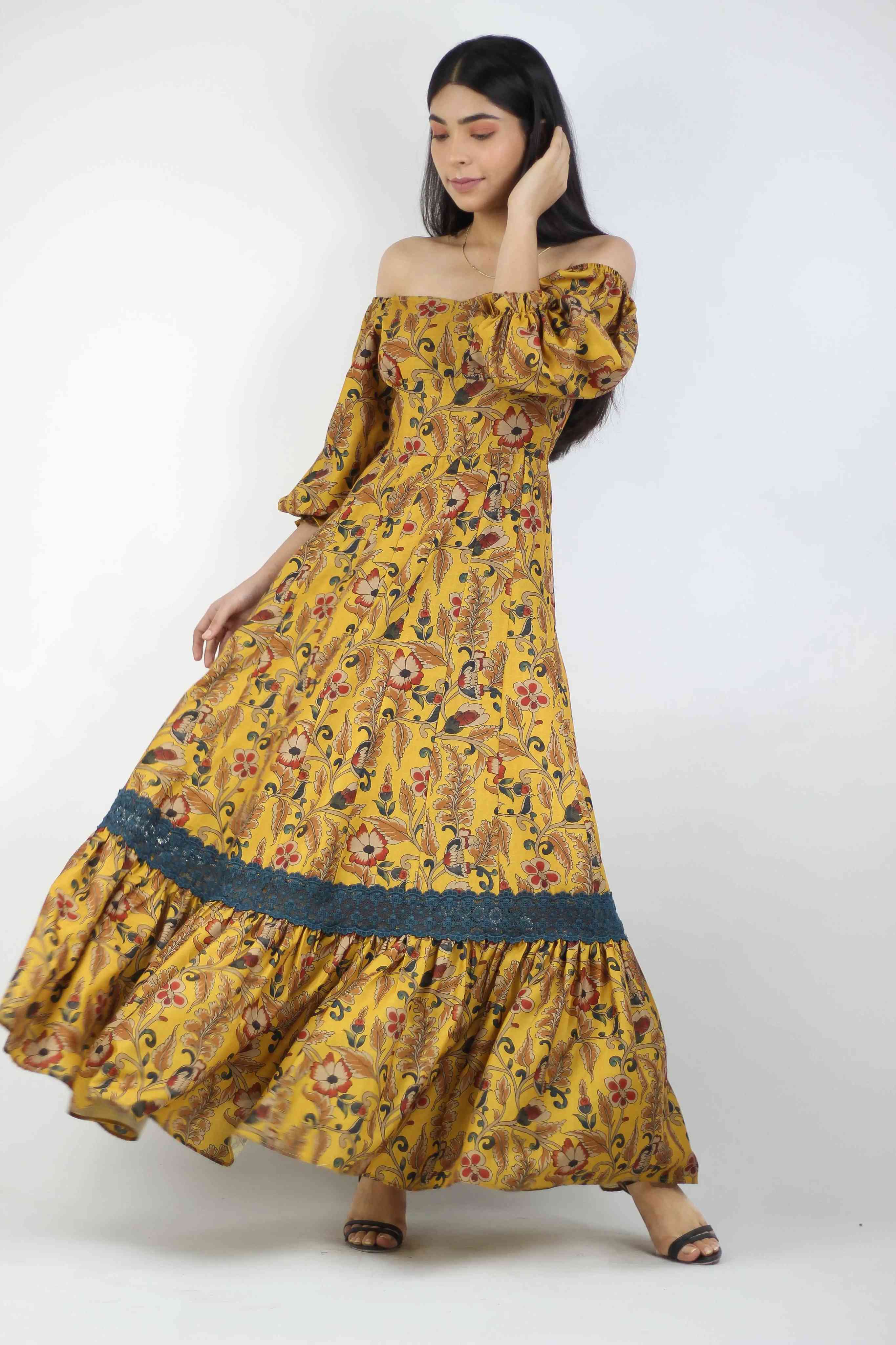 Kalamkari Off-Shoulder Printed Long Dress