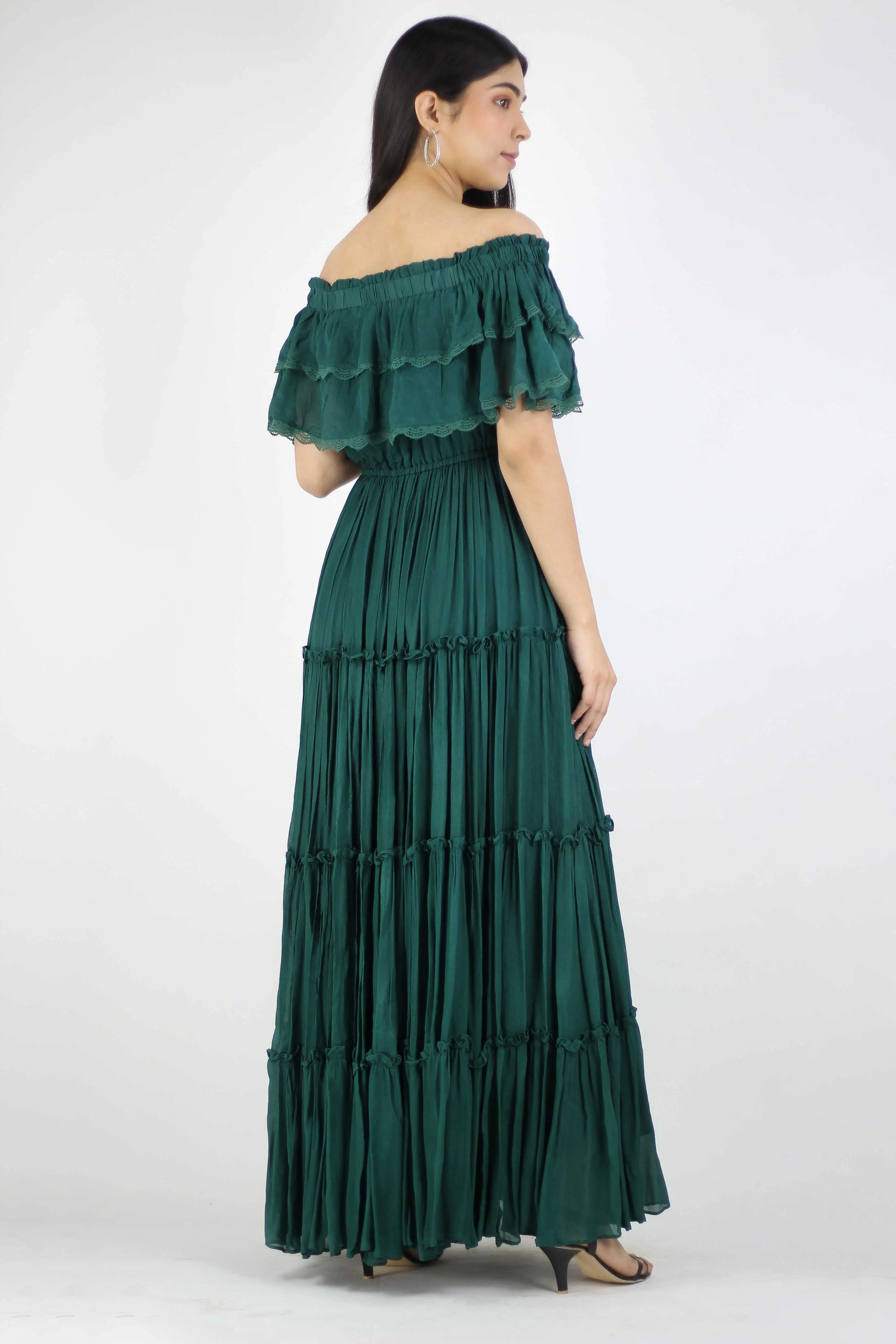 Green Off-Shoulder Chiffon Full-Length Dress