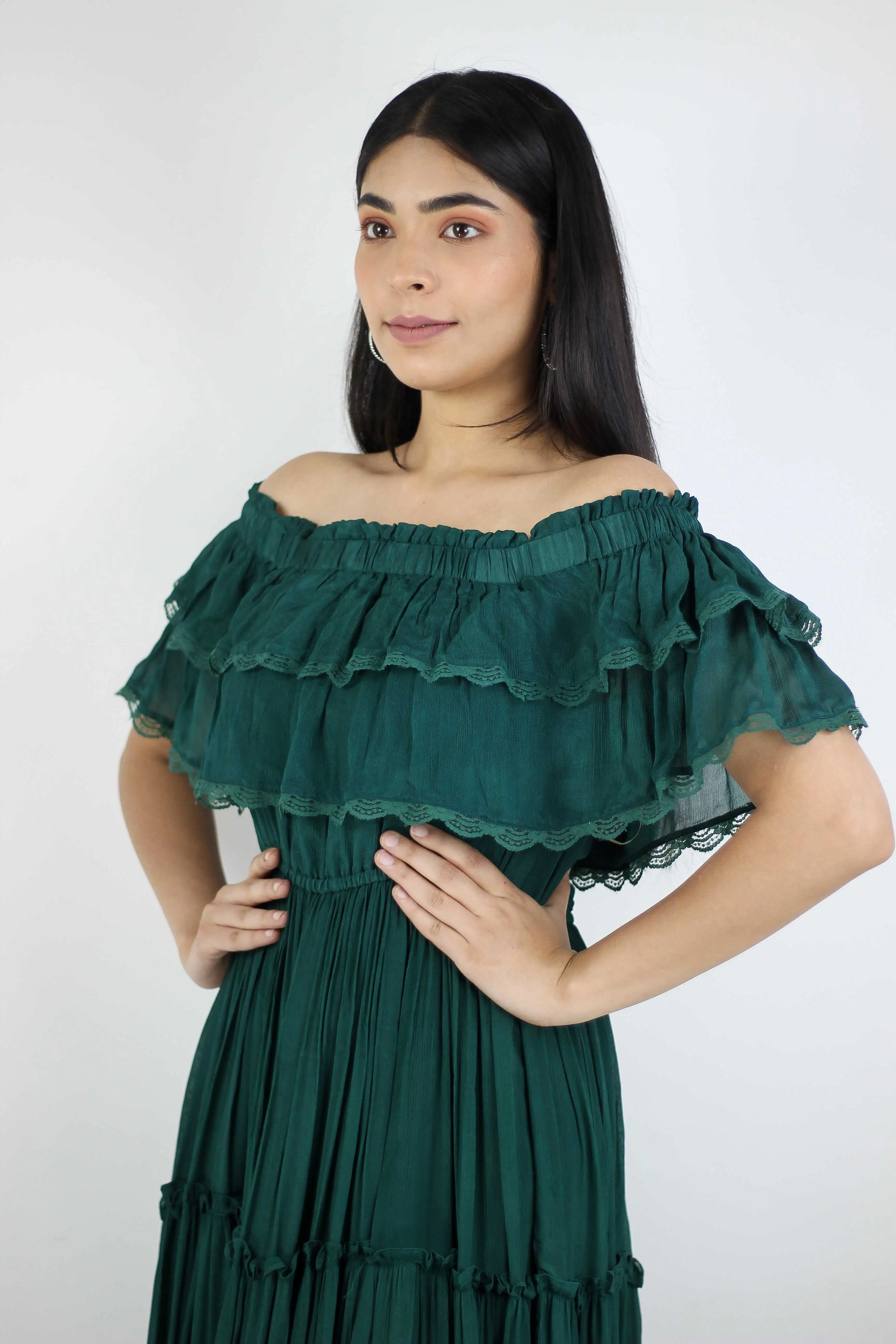 Green Off-Shoulder Chiffon Full-Length Dress