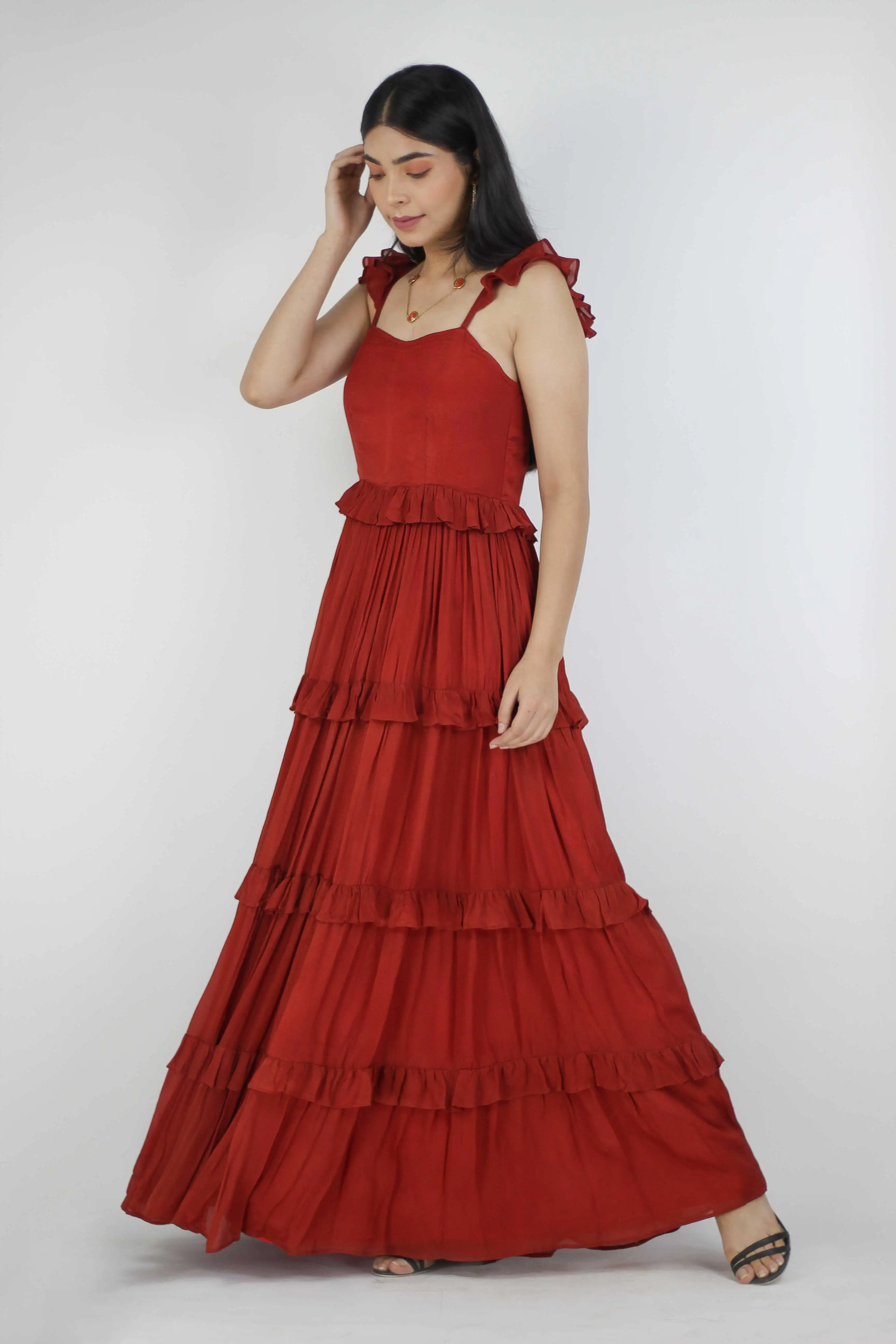 Red Chiffon Casual Full-Length Dress