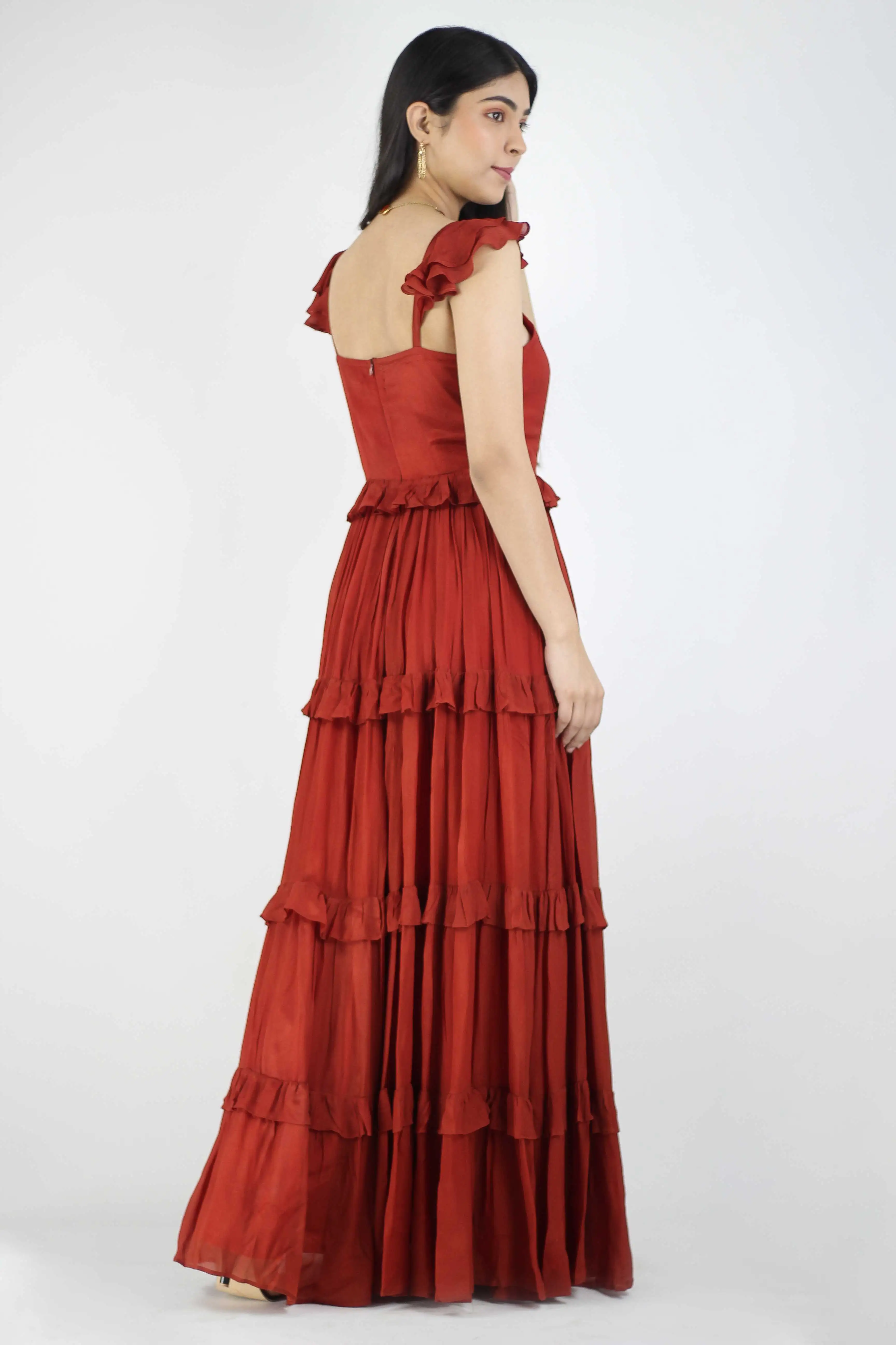 Red Chiffon Casual Full-Length Dress
