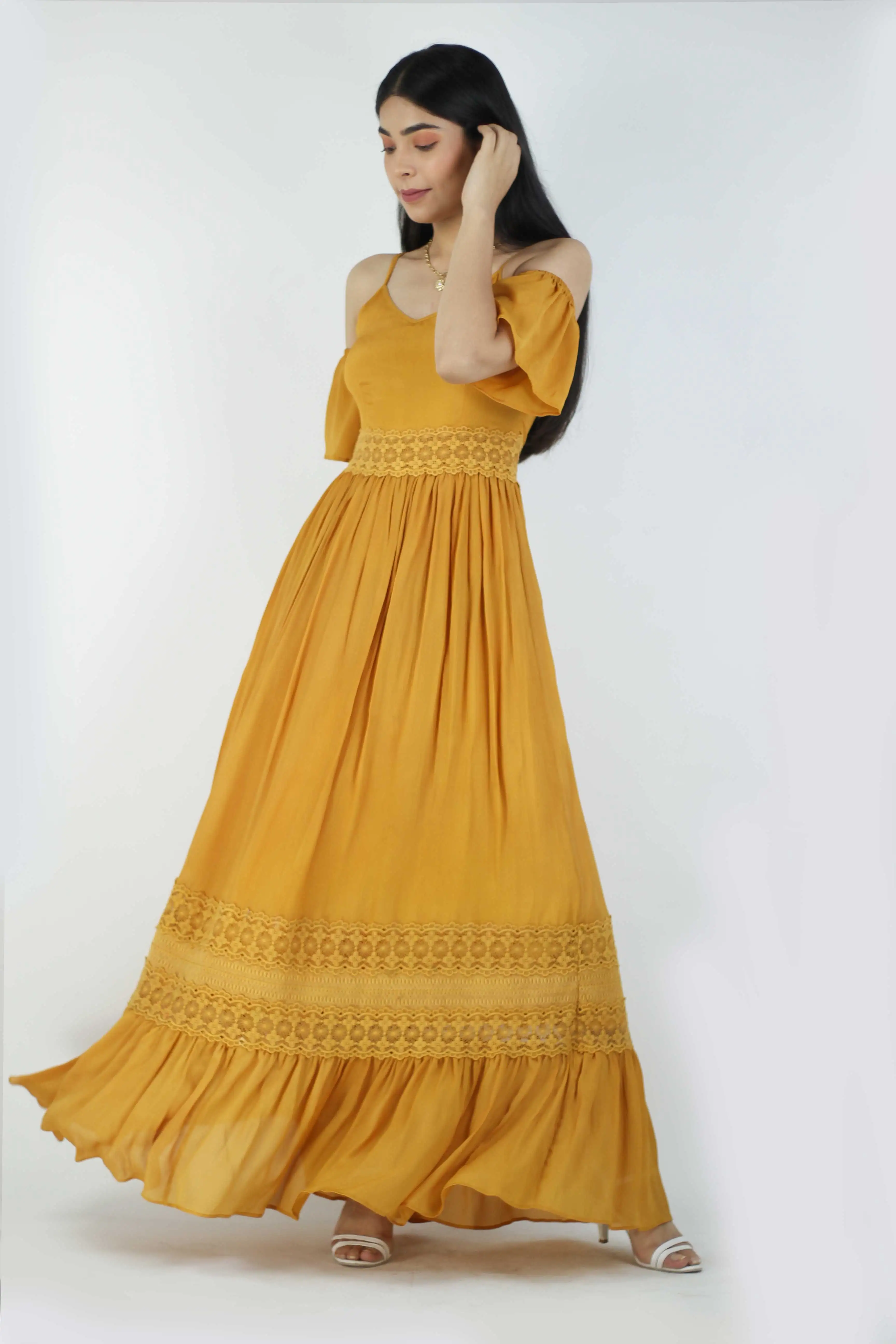 Long Cold Shoulder Yellow Casual Dress