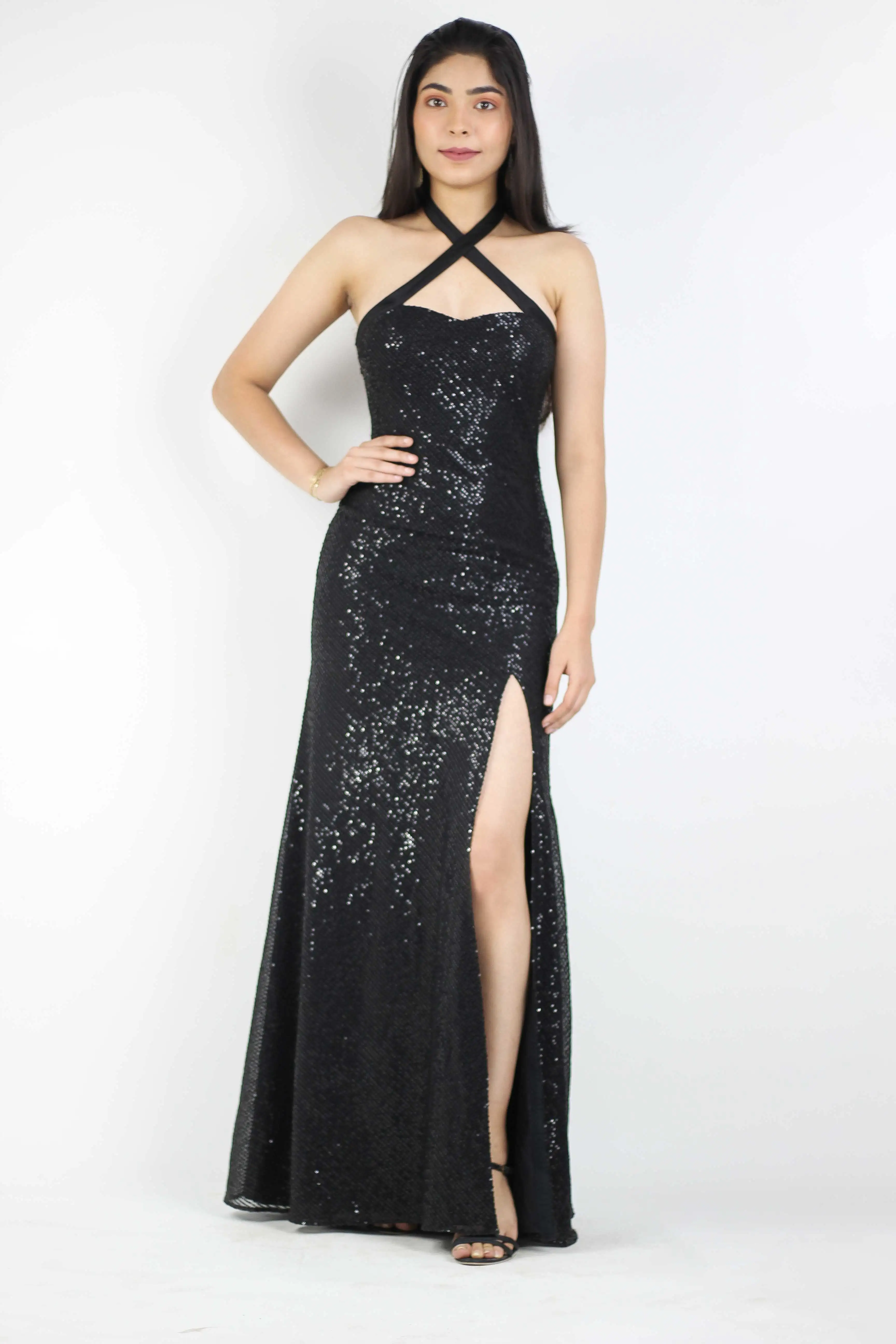 Black Sequin Party Wear Long Dress With Slit
